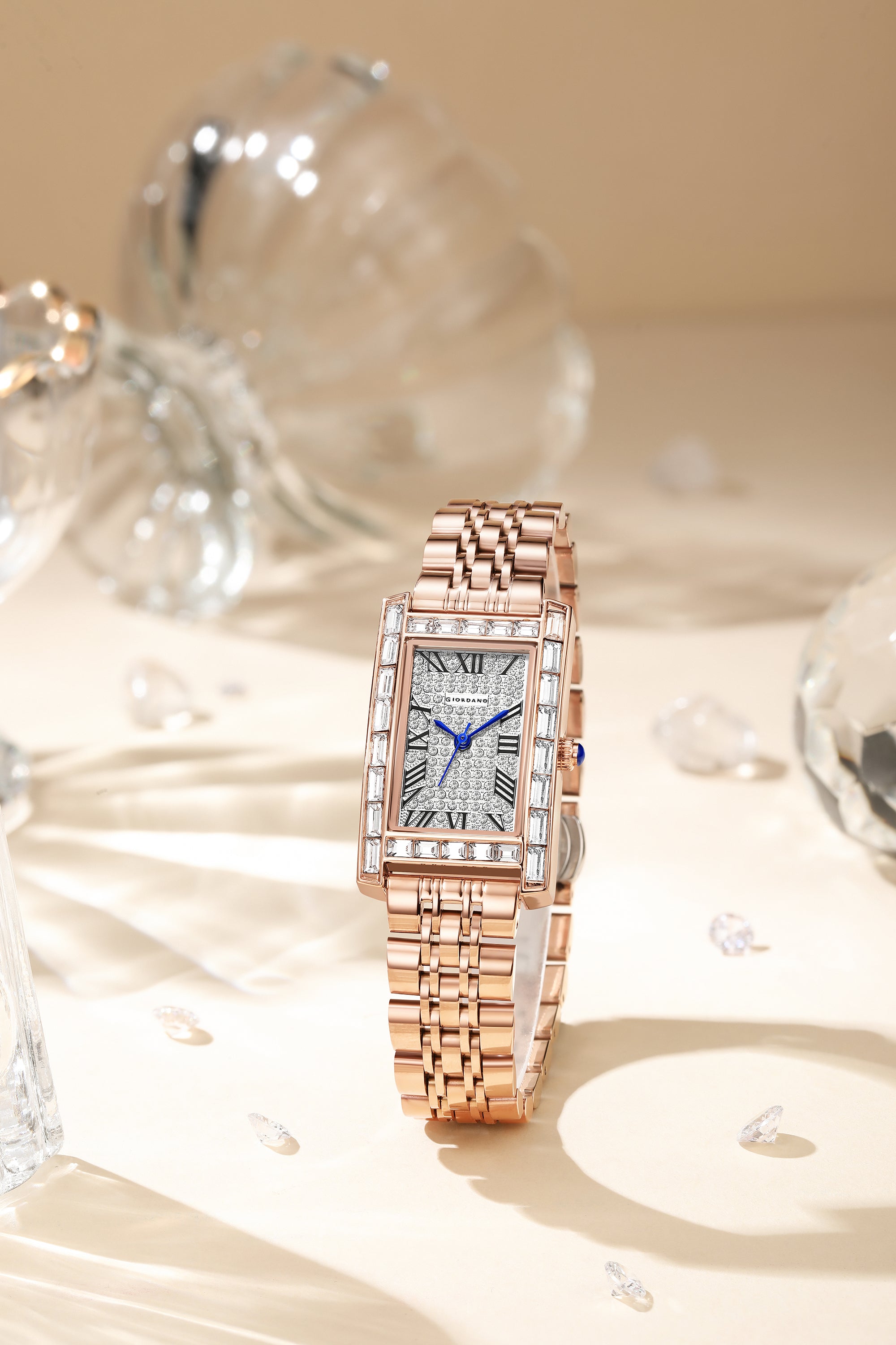 Giordano Rectangular Dress Watch for women with Crystal Bezel, roman indiced and Sparkling Dial | GZ-60119-22